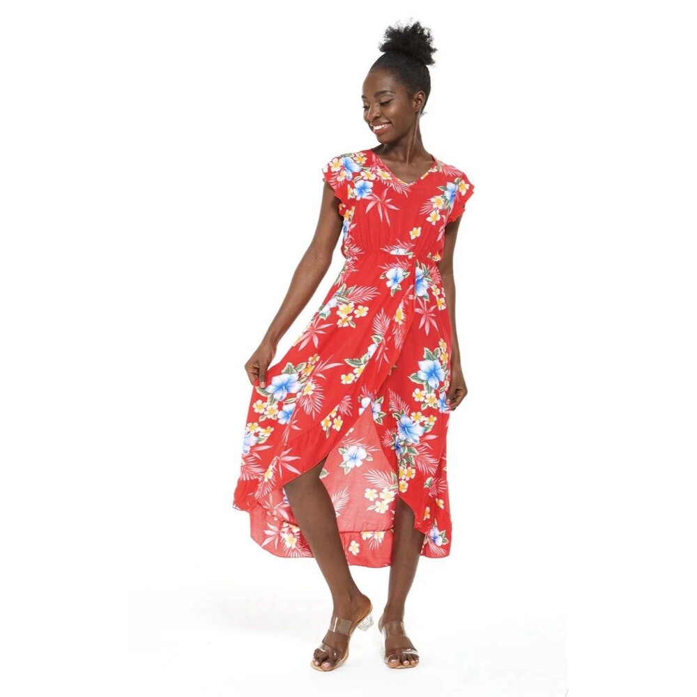 Hawaii Hangover Red Floral High-Low Maxi Dress 2XL Tropical Hibiscus Ruffle